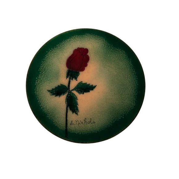 Decorative Ceramic 6 inch Saucer Plate Green Red Rose Design Signed E. Nichols - Picture 1 of 7